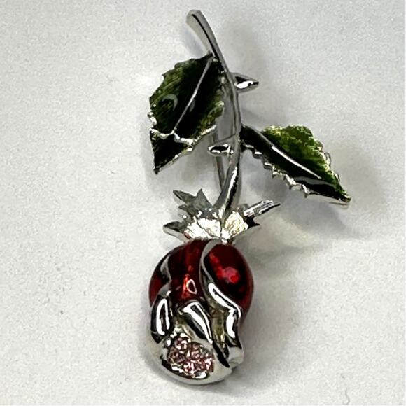 Red Green Enamel Long Stem Rose Flower Rhinestone Brooch Pin Mature Collectable - Picture 4 of 4